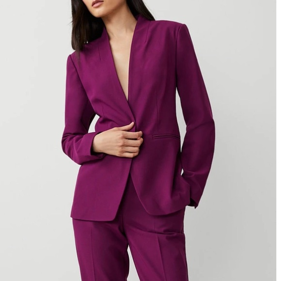 Ann Taylor The Petite Long Collarless Blazer Bi-Stretch Plum Burst 00P new - Picture 12 of 13